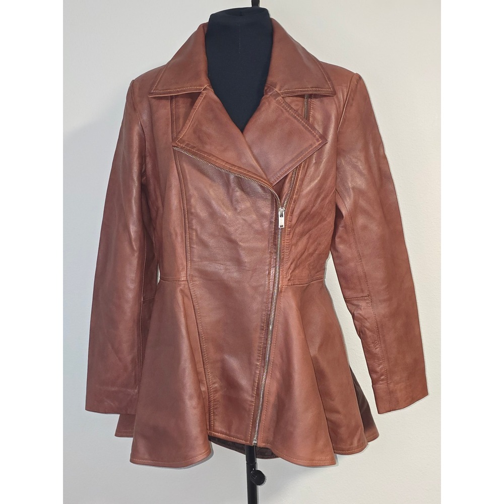 NWT Decrum‎ Clarissa Womens Cognac Brown Peplum Leather Jacket SZ MD